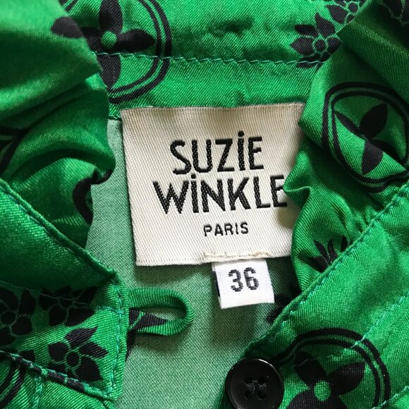 Suzie Winkle Katie Button Down Shirt Top Blouse Womens 36 Small Green Black - Picture 7 of 15